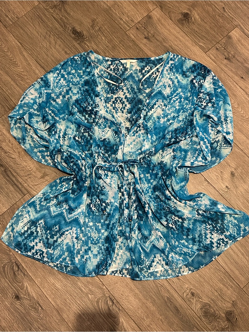 Tie-Waist Blue Patterned Women’s Poncho Tunic Cover Up